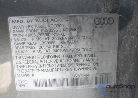 2015 Audi Q7 3.0 Tdi Premium z USA, uszkodzony, nr VIN WA1LMAFE6FD004852